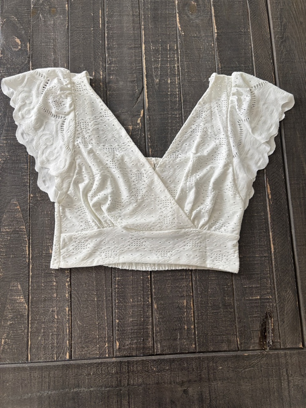 URBAN Romantics White Eyelet Wrap Crop Top with Scalloped Flutter Sleeves